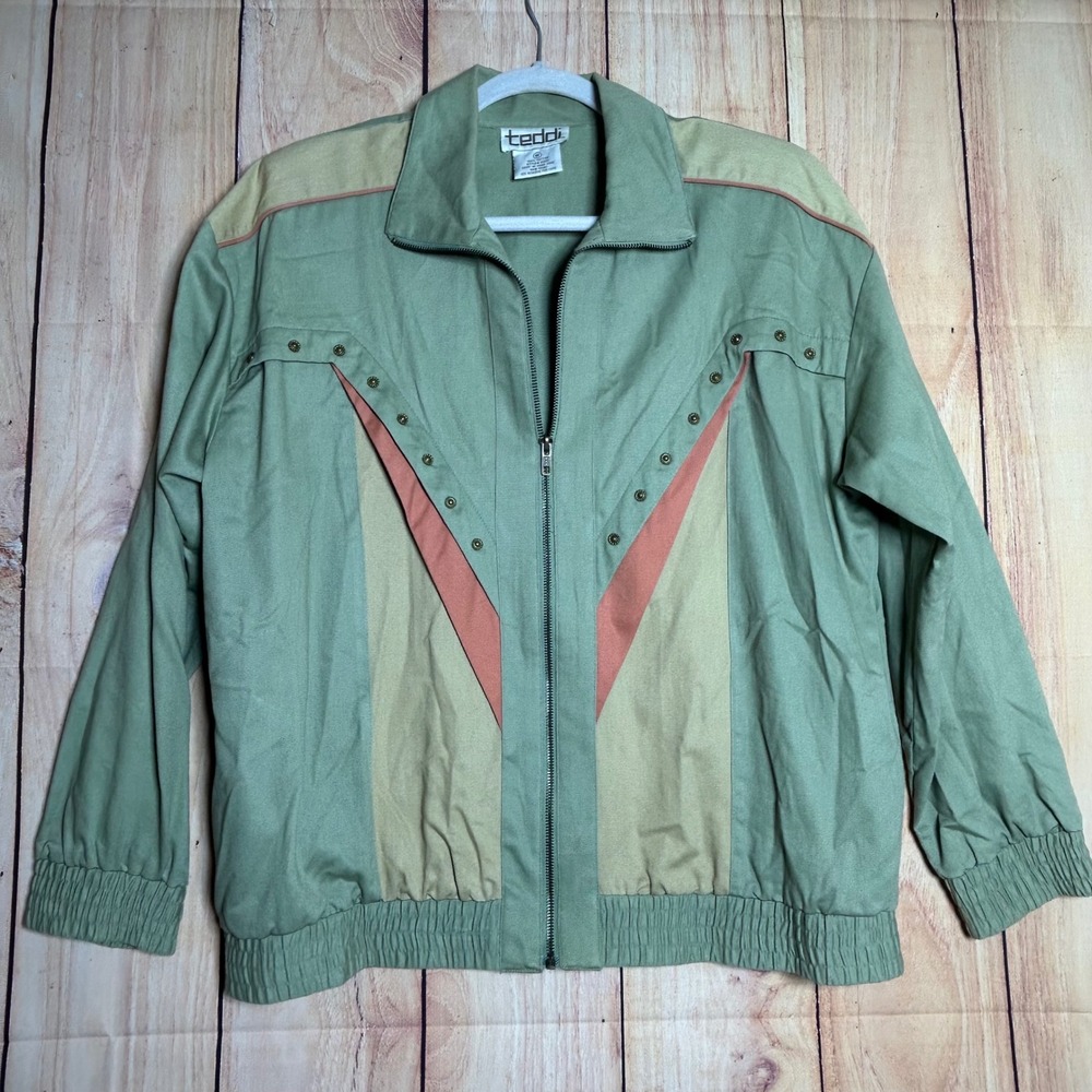 Teddi Bomber Jacket Womens Medium Green Cotton Studded Western Retro 80s